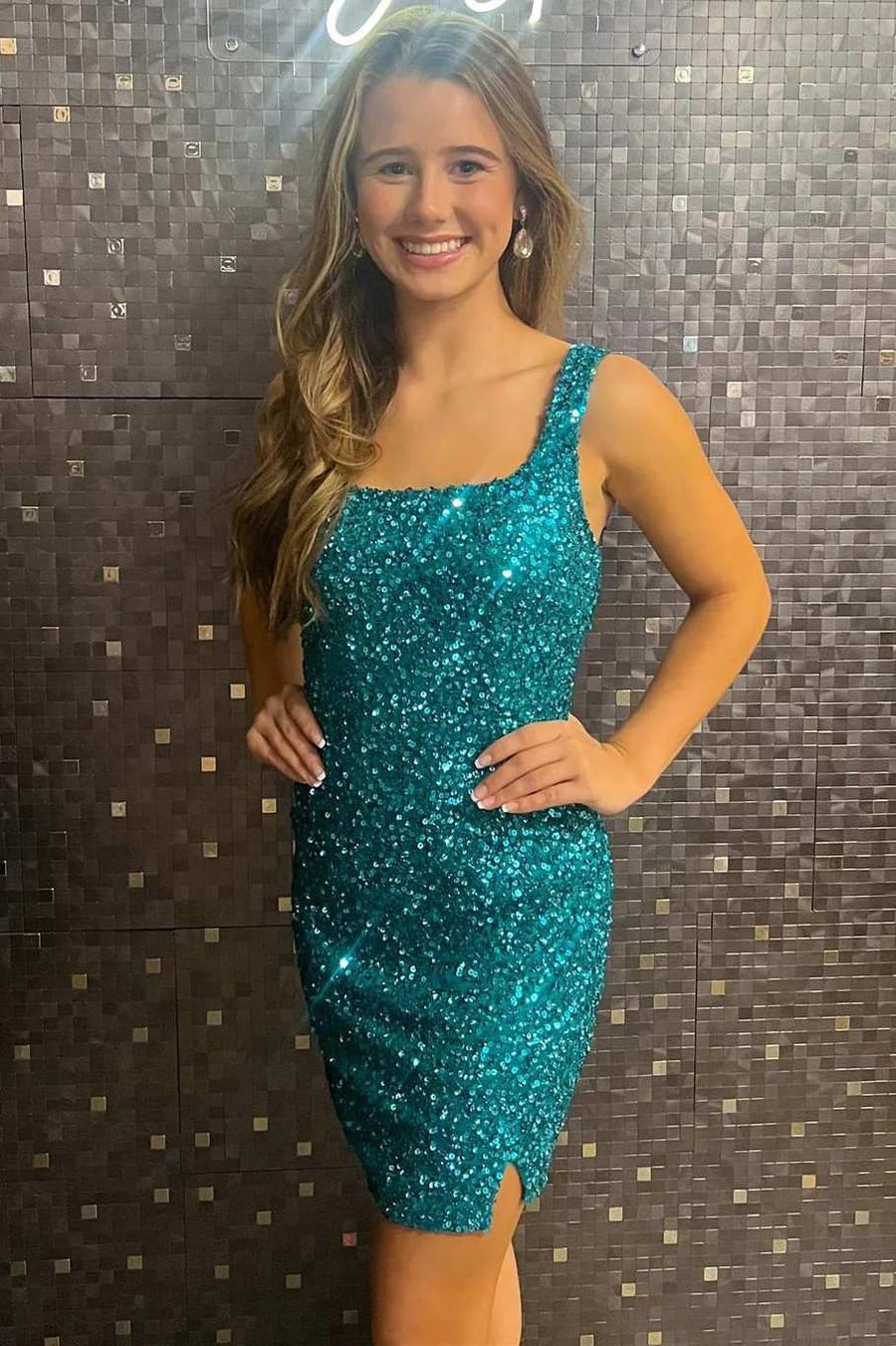 Teal Green Squre Neck Sequins Junior's Homecoming Dress - DollyGown