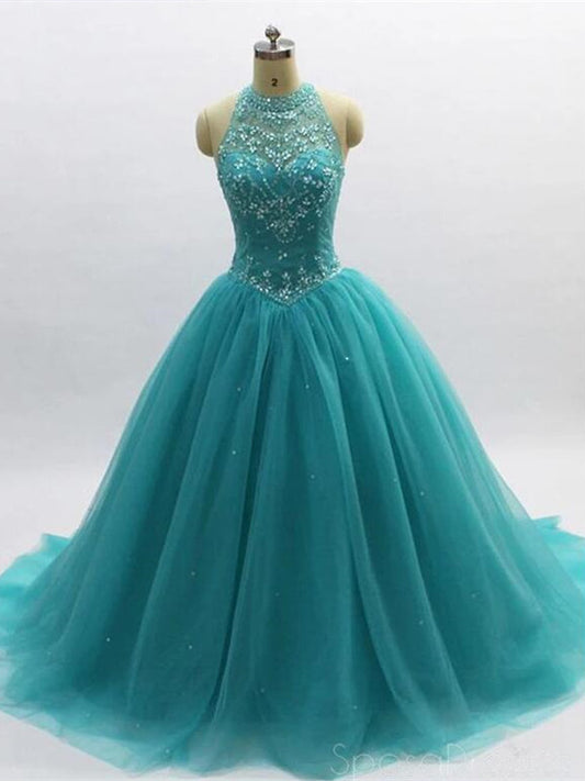 Turquoise Open Back Halter Neck Bead Drop Waist Quinceanera Dress - DollyGown