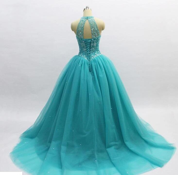 Turquoise Open Back Halter Neck Bead Drop Waist Quinceanera Dress - DollyGown