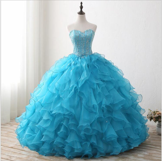 Turquoise Ruffle Ball Gown Masquerade Prom Dress Quinceanera Dress - DollyGown
