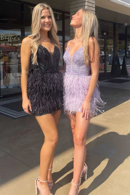 Glitter Bead Top Feather Skirt Cocktail Homecoming Dress - DollyGown
