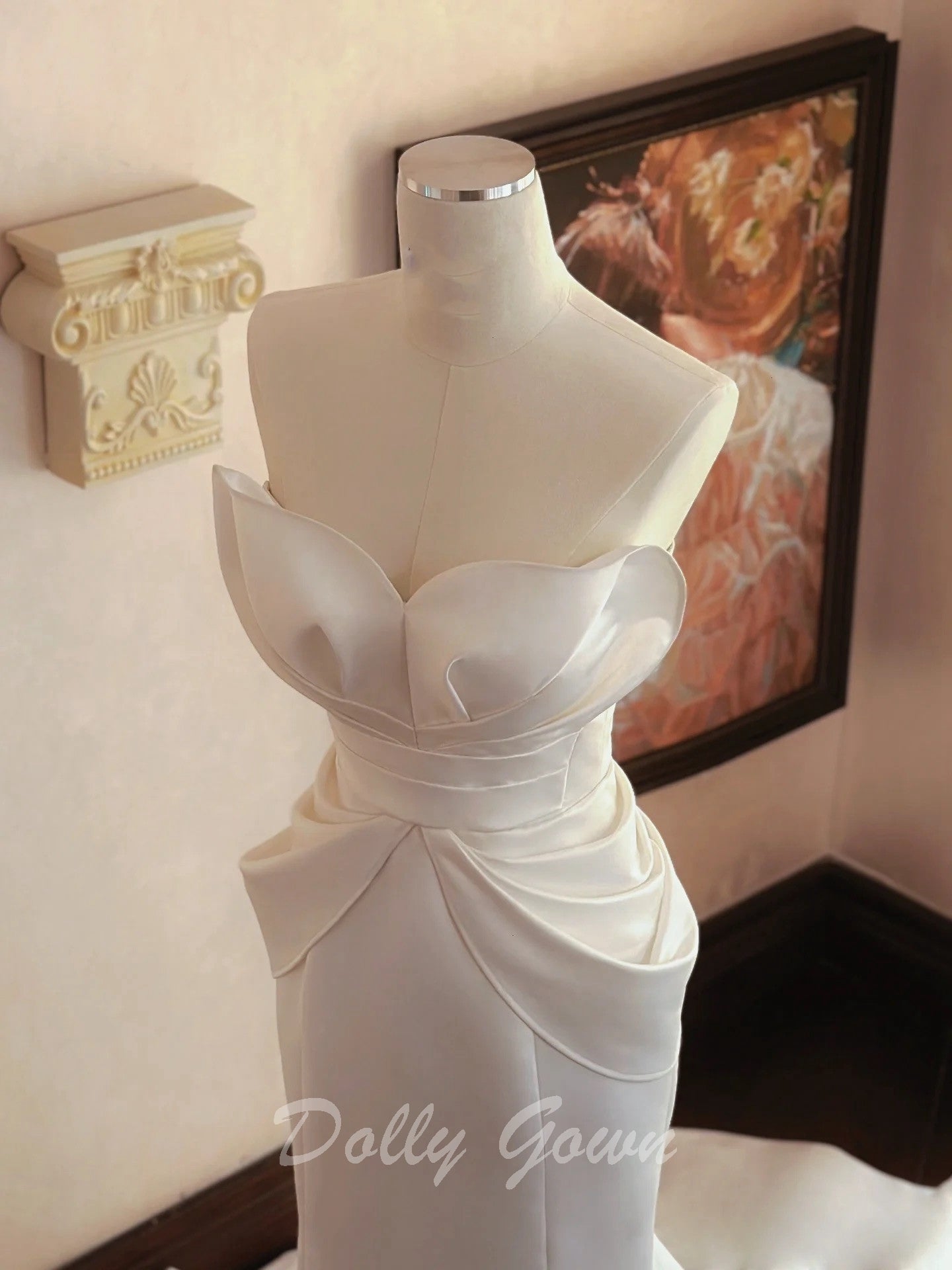 Unique Petal Neck Satin Mermaid Wedding Dress - DollyGown