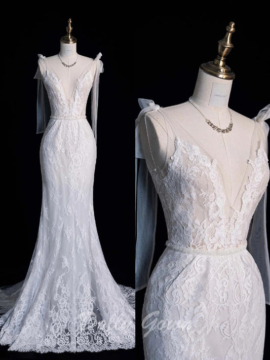 V-Neck Mermaid Lace Sheer Illusion Wedding Dress - DollyGown