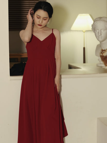 Vintage Burgundy Romantic Summer Midi Dress - DollyGown
