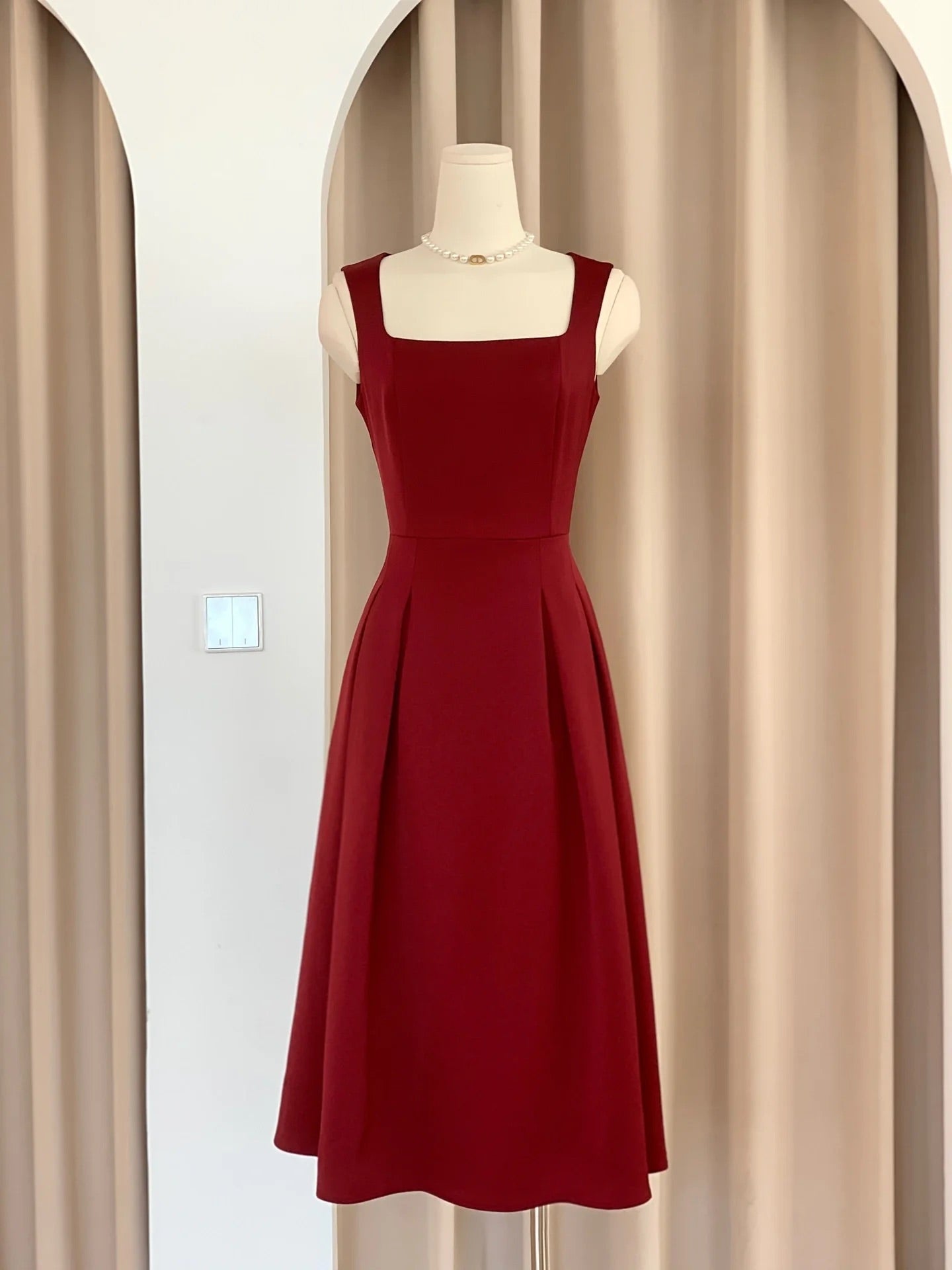 Vintage Rockabilly Burgundy Square Neck 50s Style Dress - DollyGown