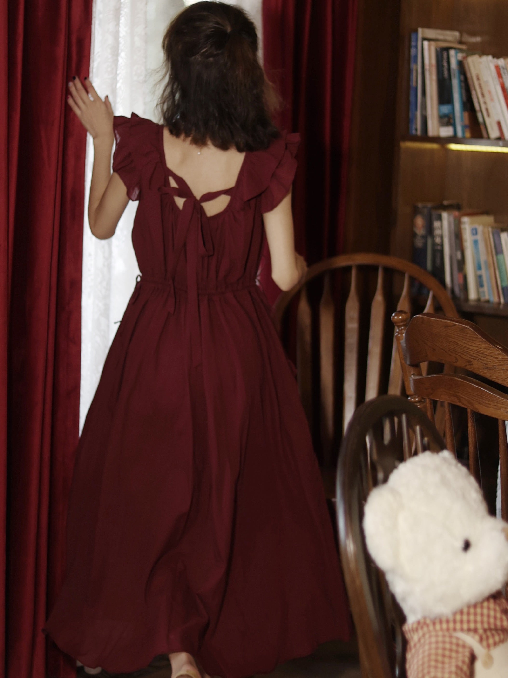 Vintage Round Neck Romantic Burgundy Dress Vintage Round Neck Romantic Burgundy Dress