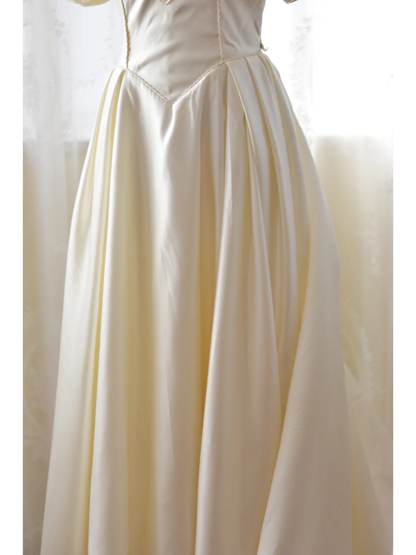Vintage Satin 80s Wedding Dress with Flattering Puffy Sleeves - DollyGown