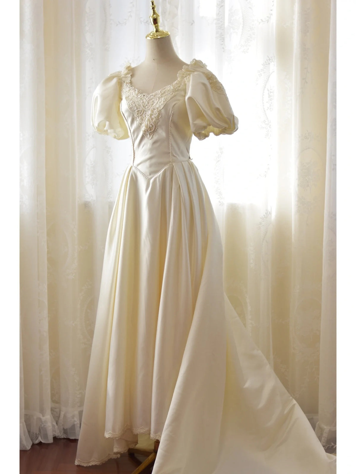 Vintage Satin 80s Wedding Dress with Flattering Puffy Sleeves Vintage Satin 80s Wedding Dress with Flattering Puffy Sleeves