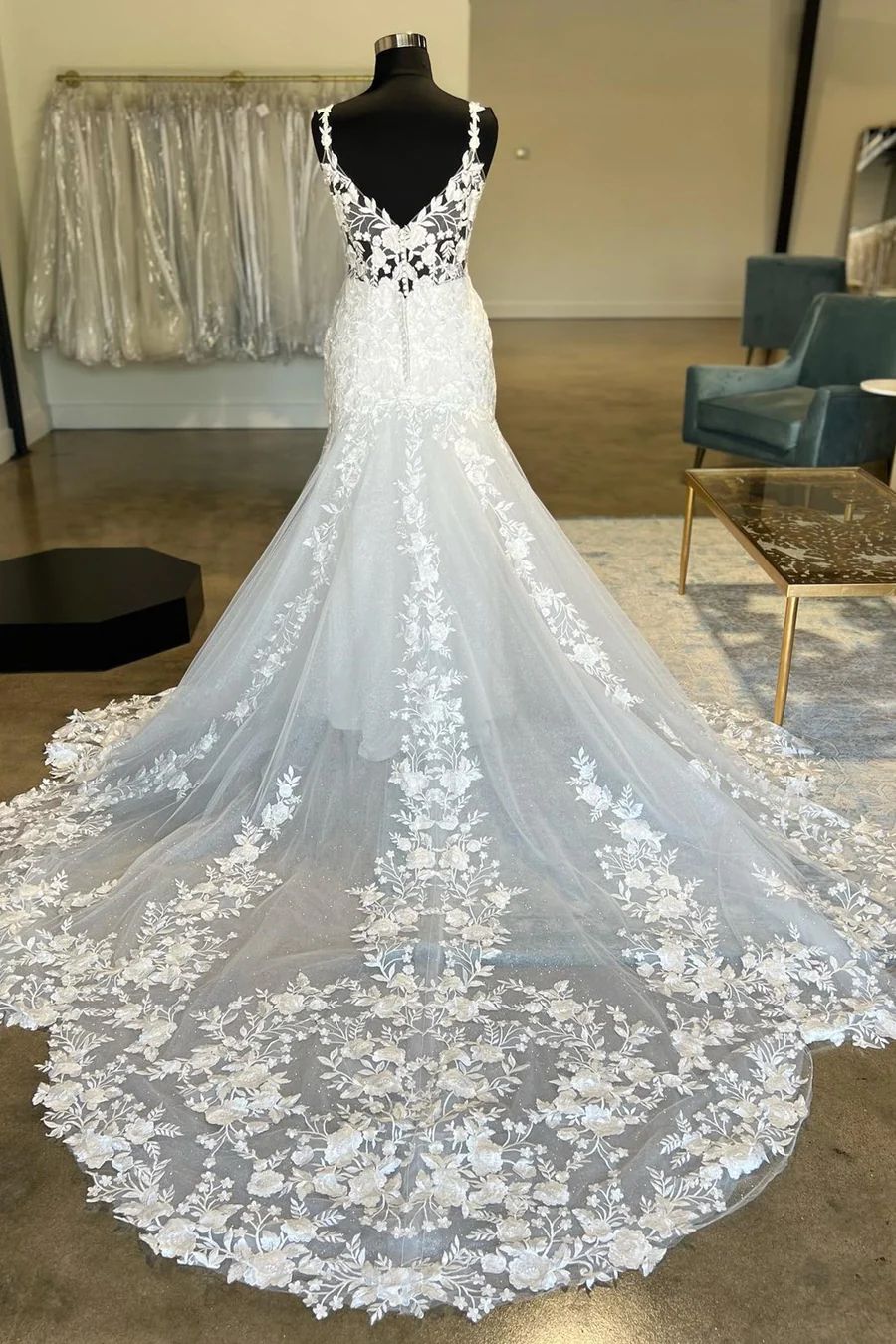 Plus Size V neckline Lace Fit and Flare See Through Wedding Dress
