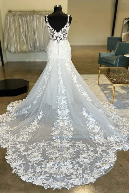 Plus Size V neckline Lace Fit and Flare See Through Wedding Dress - DollyGown