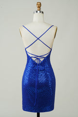 Royal Blue Sequin Spaghetti Strap Bodycon Mini Dress Homecoming Party Gown