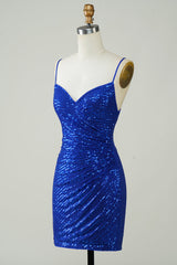 Royal Blue Sequin Spaghetti Strap Bodycon Mini Dress Homecoming Party Gown