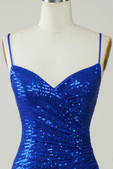 Royal Blue Sequin Spaghetti Strap Bodycon Mini Dress Homecoming Party Gown