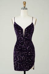 Purple Sequin Backless Homecoming Dress with Slit - Sparkly & Tight