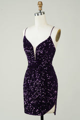 Purple Sequin Backless Homecoming Dress with Slit - Sparkly & Tight