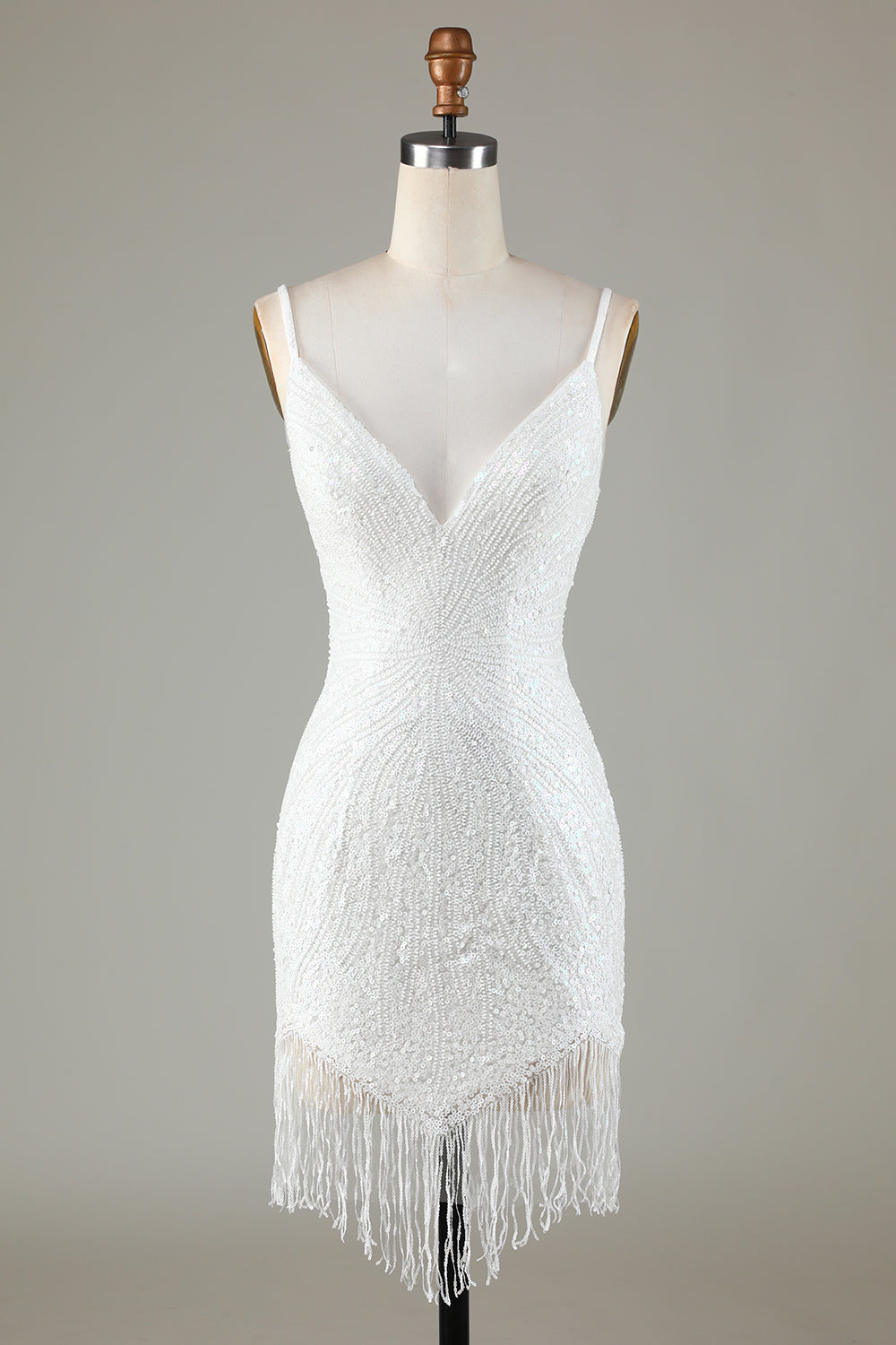 White Spaghetti Strap Sparkly Bodycon Homecoming Dress with Lace-Up Back