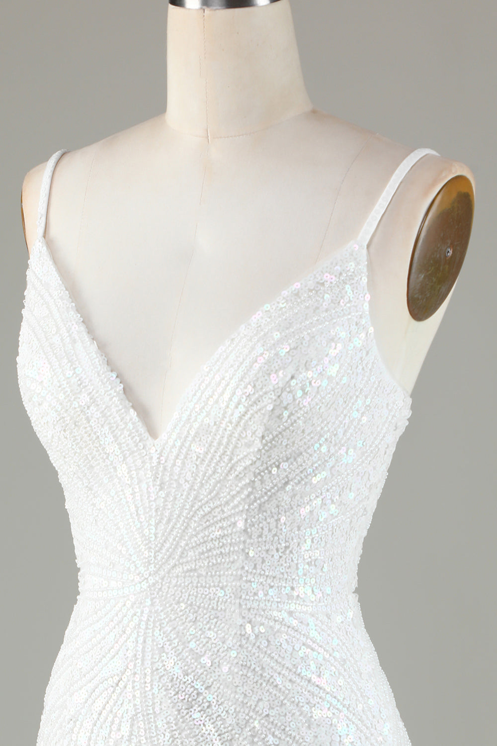 White Spaghetti Strap Sparkly Bodycon Homecoming Dress with Lace-Up Back