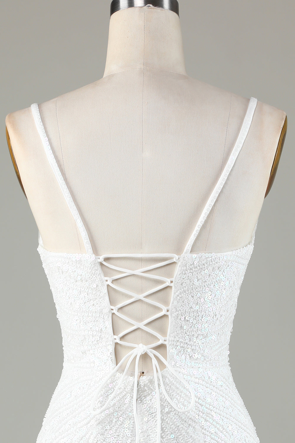 White Spaghetti Strap Sparkly Bodycon Homecoming Dress with Lace-Up Back