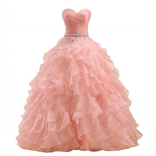 Watermelon Strapless Ruffle Ball Gown Masquerade Prom Dress - DollyGown