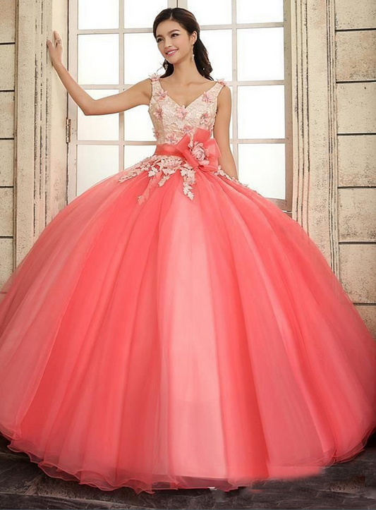 Watermelon V Neck Contrast Color Ball Gown Quinceanera Dress - DollyGown