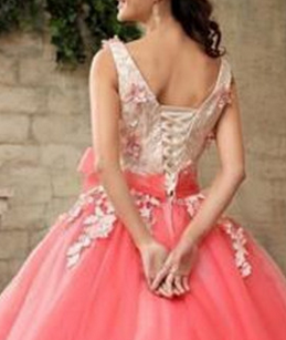 Watermelon V Neck Contrast Color Ball Gown Quinceanera Dress - DollyGown