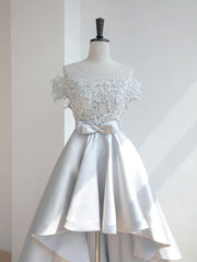 Elegant A-Line Scoop Neck Gray Lace Prom Dress with High-Low Satin Skirt