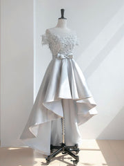 Elegant A-Line Scoop Neck Gray Lace Prom Dress with High-Low Satin Skirt