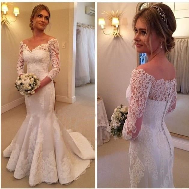 Wedding Dress with Sleeves Lace Wedding Dress Mermaid Wedding Dress Open V-neck Wedding Dress WD078