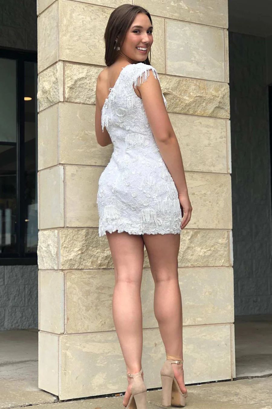 White One Shoulder Tassels Lace Homecoming Dress White One Shoulder Tassels Lace Homecoming Dress