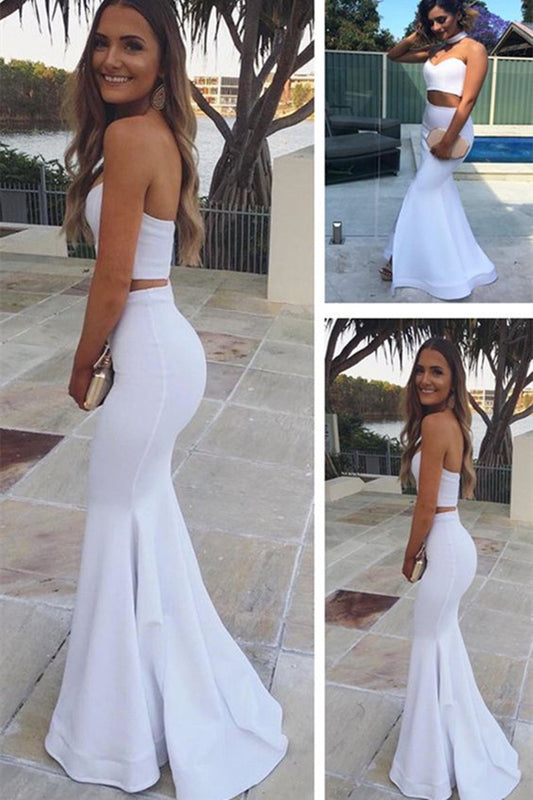 White Strapless Mermaid Two Piece Long Prom Dress - DollyGown