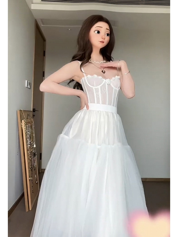 White Tulle Princess Short Corset Wedding Dress - DollyGown