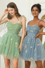 Green A-Line Homecoming Dress with Embroidery - Elegant Floral Design
