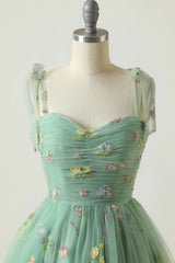 Green A-Line Homecoming Dress with Embroidery - Elegant Floral Design