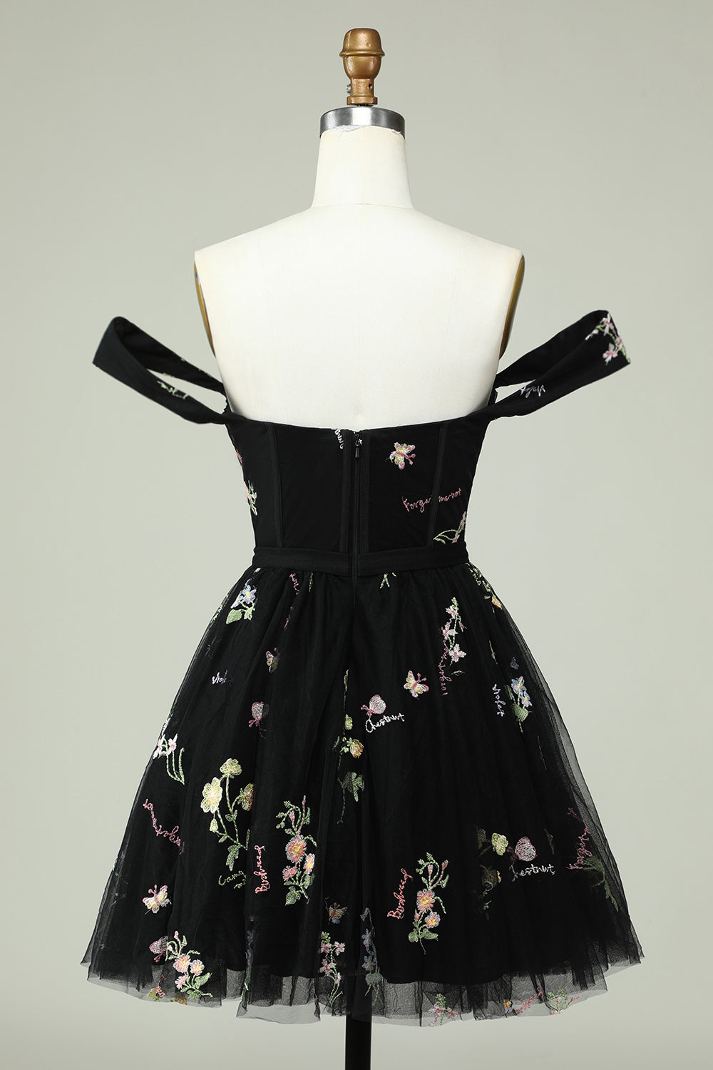 Elegant Black Off-the-Shoulder A-Line Homecoming Dress with Floral Accents Elegant Black Off-the-Shoulder A-Line Homecoming Dress with Floral Accents