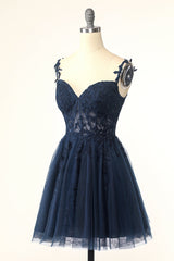 Navy Blue Spaghetti Strap Homecoming Dress with Tulle Appliques