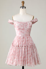 Elegant Blush Printed A-Line Homecoming Dress with Ruffles and Tulle