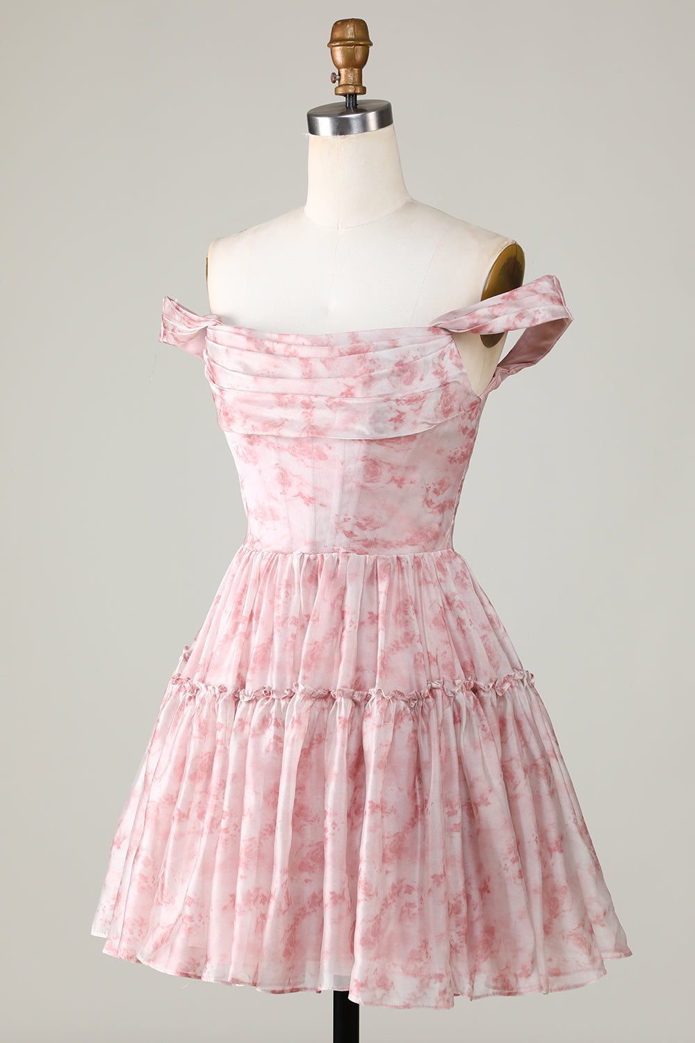 Elegant Blush Printed A-Line Homecoming Dress with Ruffles and Tulle