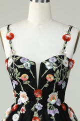 Elegant Black Sequin Spaghetti Strap A-Line Homecoming Dress with Floral Appliques