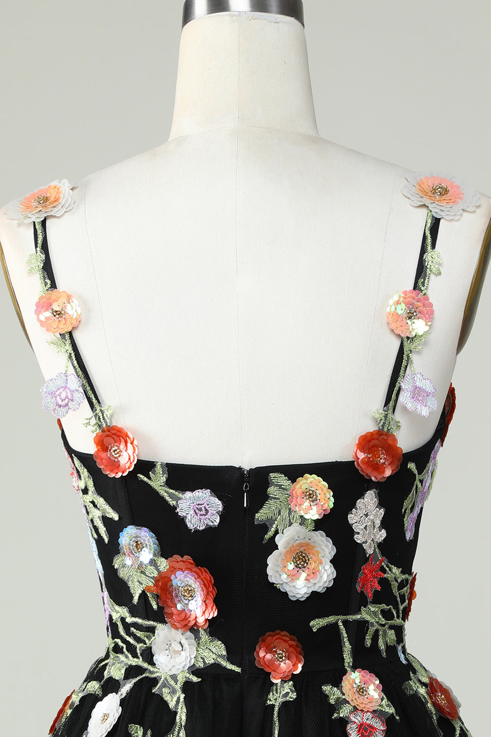 Elegant Black Sequin Spaghetti Strap A-Line Homecoming Dress with Floral Appliques