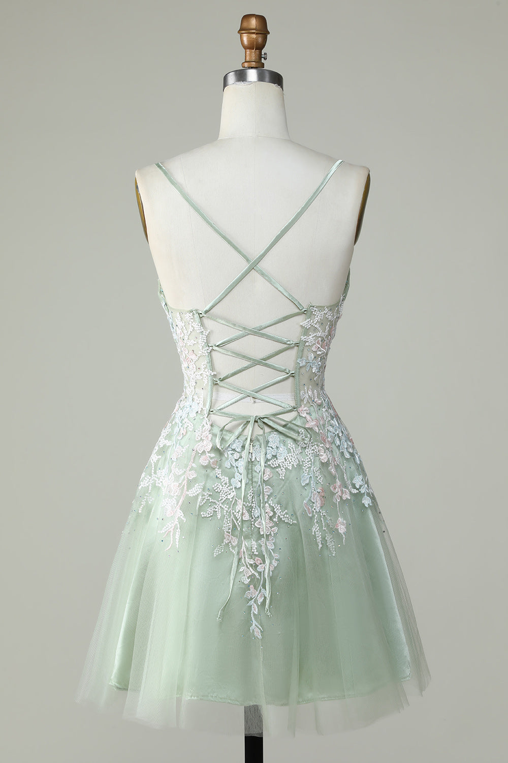 Dusty Sage Spaghetti Strap Homecoming Dress with Criss Cross Back Design