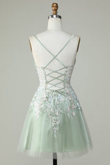 Dusty Sage Spaghetti Strap Homecoming Dress with Criss Cross Back Design