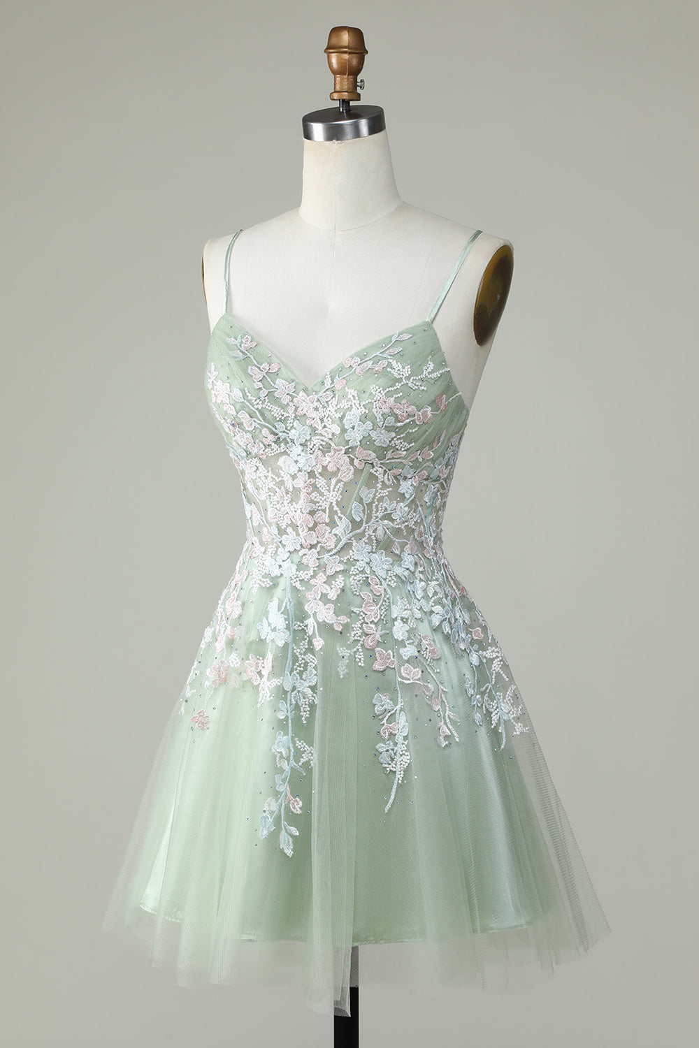 Dusty Sage Spaghetti Strap Homecoming Dress with Criss Cross Back Design