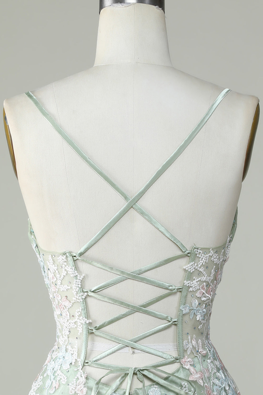 Dusty Sage Spaghetti Strap Homecoming Dress with Criss Cross Back Design
