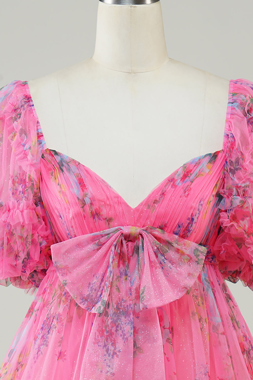 Hot Pink Floral Printed Homecoming Dress with Bow - Short Party Dress