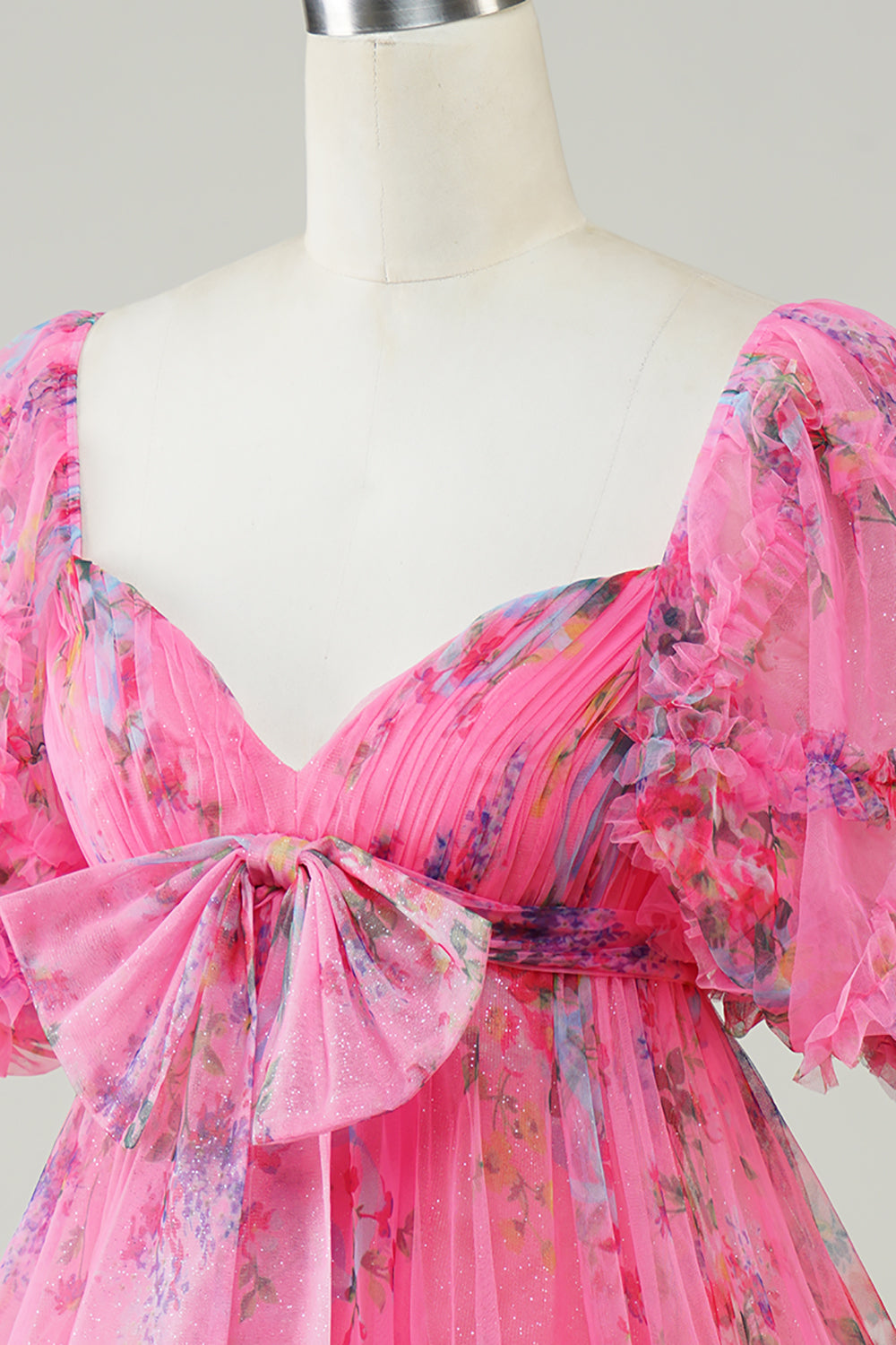 Hot Pink Floral Printed Homecoming Dress with Bow - Short Party Dress