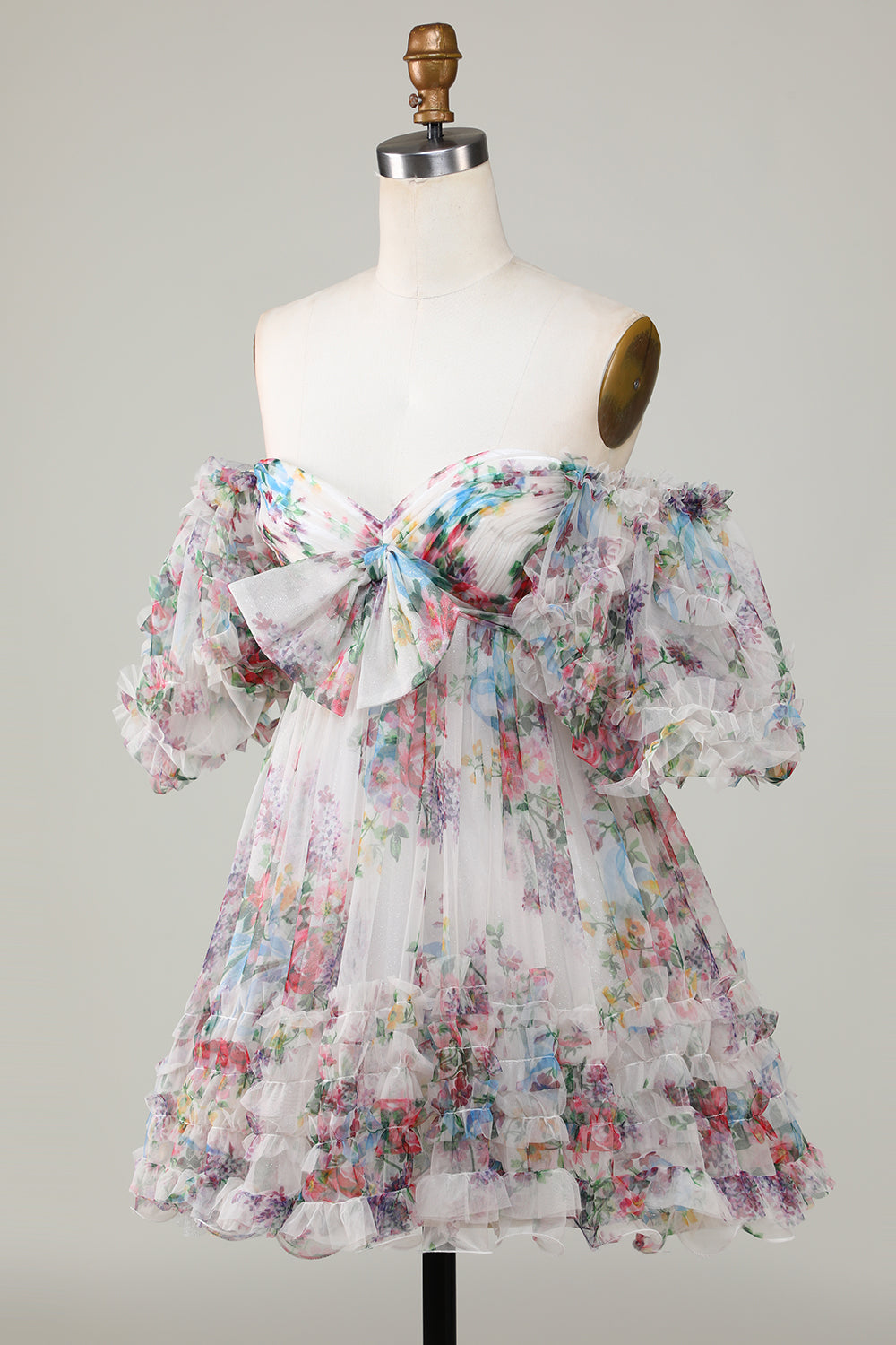 off-white folk floral short sleeve mini dress White Floral V-neck Mini Dress Dat'choice