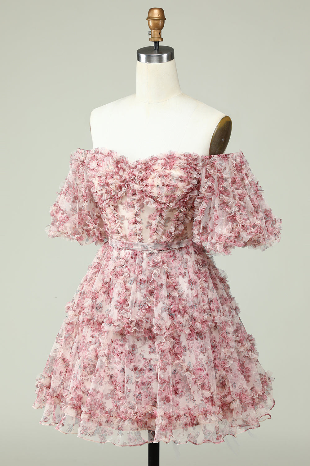 Off-the-Shoulder Floral Print Homecoming Dress Elegant Tulle Applique Short Party Dress