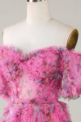 Fuchsia Off-Shoulder A-Line Tulle Homecoming Dress with Floral Appliques Sleeves