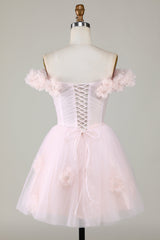 Pink Off-the-Shoulder A-Line Homecoming Dress with Floral Details Elegant Style