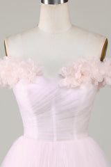 Pink Off-the-Shoulder A-Line Homecoming Dress with Floral Details Elegant Style
